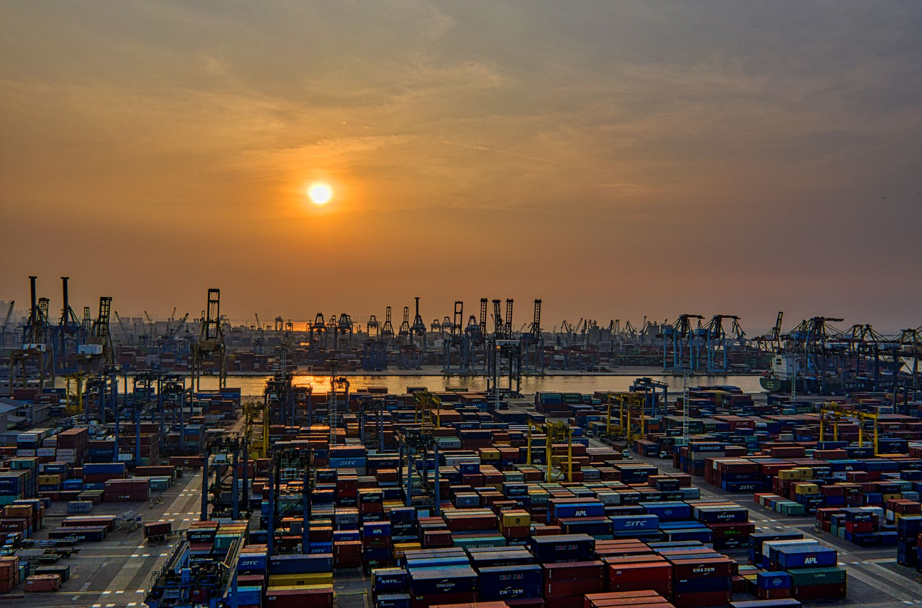 Container port at dusk